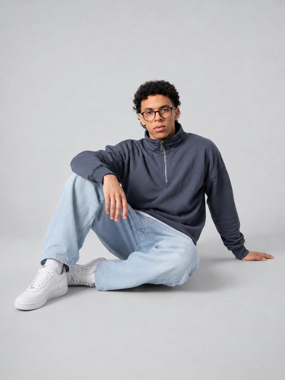 Grey STRIP half-zip with dark denim
